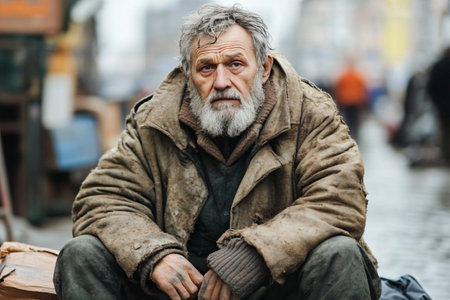 dirty old homeless man sitting on the streetの素材