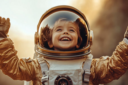 portrait of happy cheerful boy in astronaut costumeの素材