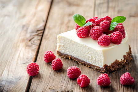 piece of creamy cheesecake and raspberries on the wooden background with copy space for textの素材
