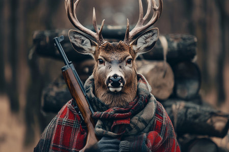 deer in hunter clothes with gun in forestの素材