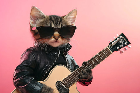 cute kitten in a leather jacket in sunglasses with guitarの素材