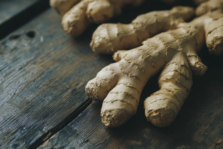 close up of ginger root on the wooden backgroundの素材