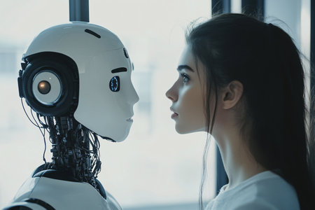side view of young woman looking at humanoid robotの素材