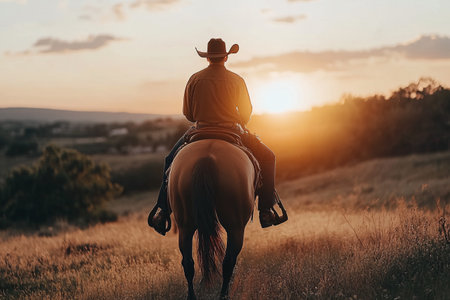 back view of cowboy horse riding on sunsetの素材