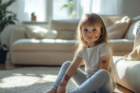 child girl with bruises on her body sitting in roomの素材