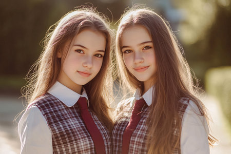 two sisters twins in similar school dressesの素材