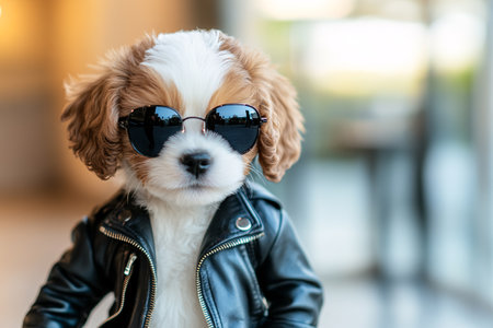 cute puppy in a leather jacket and sunglassesの素材