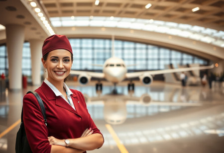 smiling stewardess in red uniform posing in modern airport, airplane on the backgroundの素材