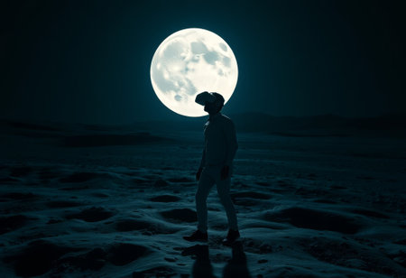 silhouette of man wearing virtual reality glasses walking on the other planet in moon light. Futuristic space exploration and technology conceptの素材