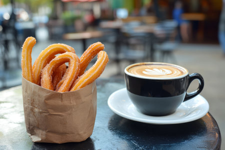 churros in a paper bag and coffee on the table in an outdoor cafeの素材