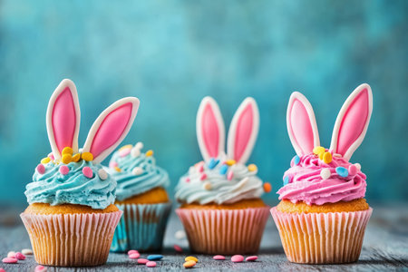 colorful Easter cupcakes with decorations of bunny ears on tableの素材