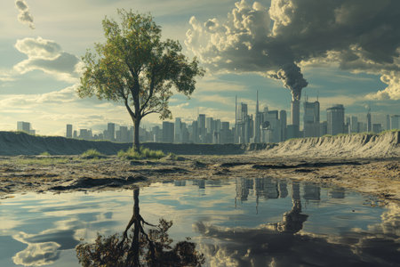 cityview on pipe with smoke and dirty waterの素材