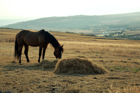 brown horse eating hay on field in sunny dayの素材