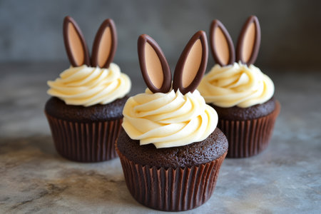 Easter chocolate cupcakes with decorations of bunny earsの素材