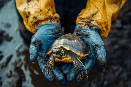 hands in a protective suit holding a turtle from fuel oilの素材