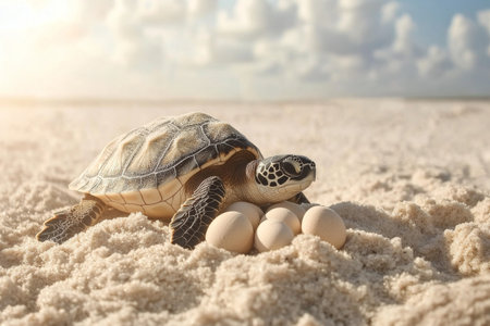 a turtle lays eggs on the shore in sand with copy space for textの素材