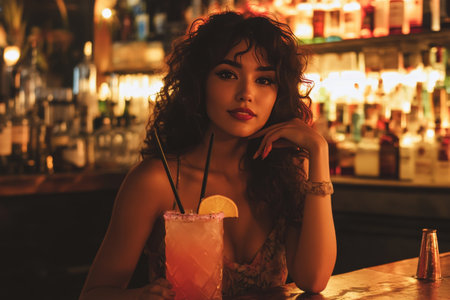 beautiful woman in bar with coctailの素材