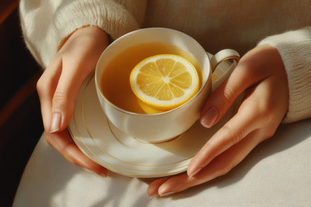 hands holding tea cup with lemonの素材