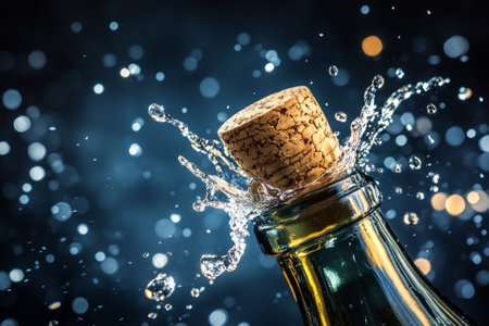 the cork pops out of the bottle with a splash with copy spaceの素材