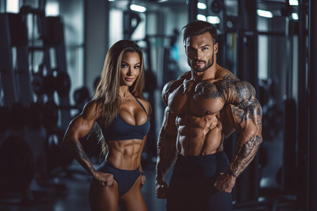 woman and muscular man in sport gymの素材