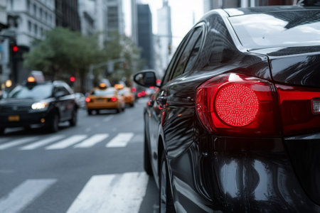 Rear view of a car in a busy modern city. Urban transportation and traffic concept.の素材