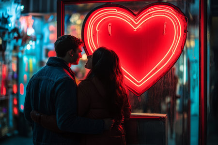 lovely couple hugging near the heart shaped neon sign on the night city streetの素材