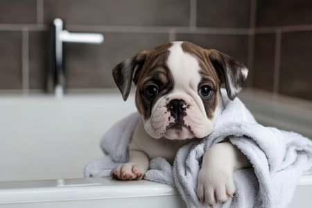 Cute bulldog puppy wrapped in a towel sitting in bathtub in modern bathroom after washing. Pet grooming concept.の素材