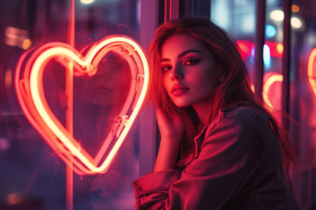 young beautiful woman posing near the shop display with heart shaped neon sign in night cityの素材
