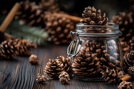 glass jar of pine cone jam and pine cones on the table backgroundの素材