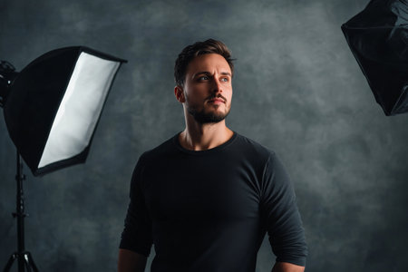 portrait of handsome man posing in front of studio flashes and softboxes in modern photo studioの素材
