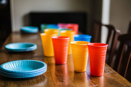 Colorful disposable plastic cups and dishes placed on a table. Waste and single-use product concept.の素材