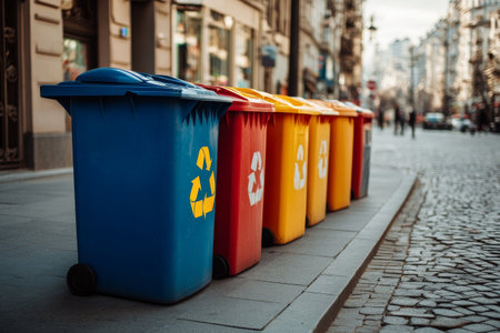 garbage containers with recycle symbol on the city streetの素材