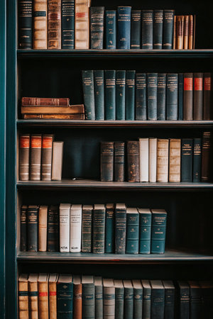 rows of different books in library bookshelvesの素材