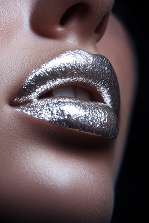 close up of lips with silver lipstick on black backgroundの素材