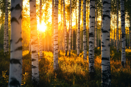 summer birch forest background in sunset lightの素材