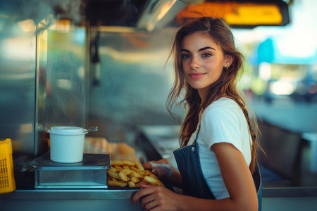 woman worker in the street food truckの素材