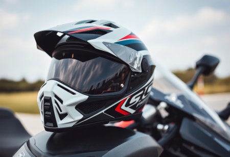 Motorcycle helmet placed on a modern bike. Safety gear and motorbike equipment conceptの素材