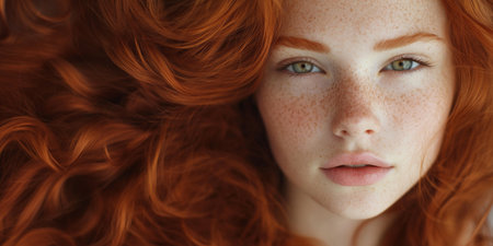 young beautiful red-haired girl with frecklesの素材