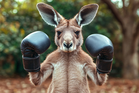 portrait of kangaroo wearing boxing gloves in a fighting stance. Strength and sports concept.の素材