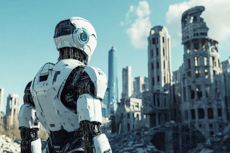 back view of white modern robot looks at ruined cityの素材