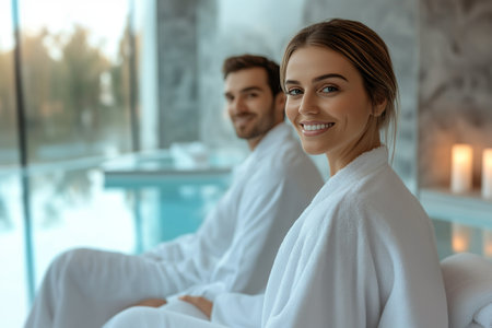 woman and man in modern spa near swimming poolの素材