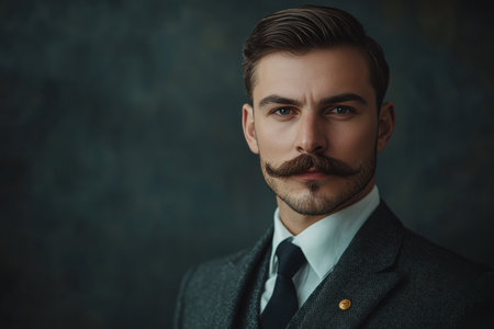 handsome man in business suit with mustache without beardの素材