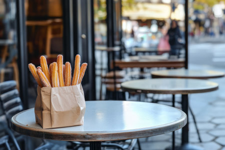Fresh sugar churros in a paper bag on the table in an outdoor cafeの素材