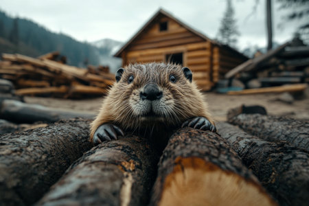 funny beaver with logs and wooden house on the backgroundの素材