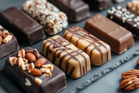 close up of chocolate bars with nuts and caramel on the tableの素材