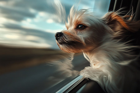 fluffy dog looking from driving car window, travel and road trip conceptの素材