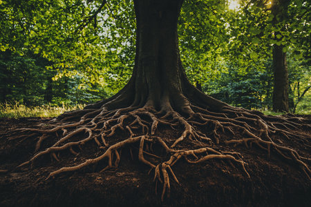 large tree with exposed roots in the forestの素材