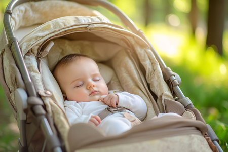 little baby sleeping in baby carriage in summer parkの素材