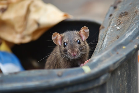 a rat peeks out of a trash canの素材