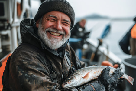 cheerful man fisher holding caught fish on boatの素材